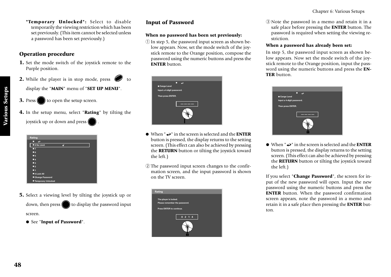 Various setups, Operation procedure 1, Input of password | Kenwood DV-5700 User Manual | Page 48 / 76