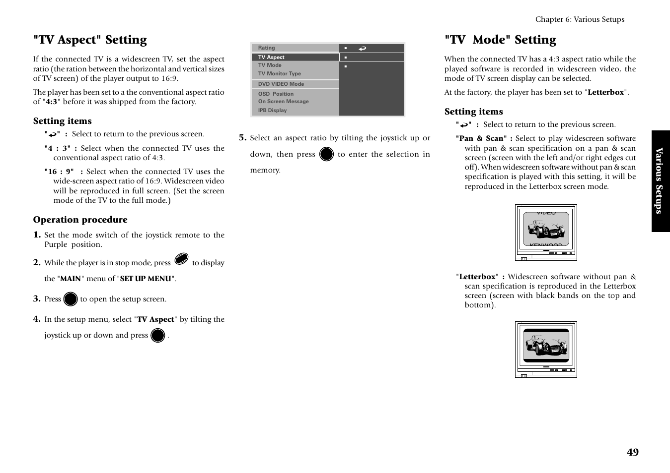 Tv mode" setting, Tv aspect" setting | Kenwood DV-5700 User Manual | Page 49 / 76