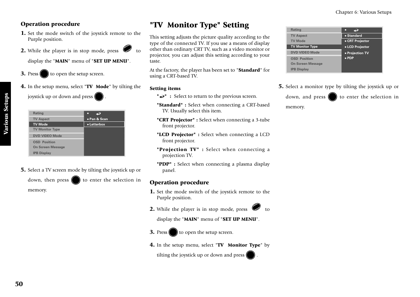 Tv monitor type" setting, Various setups, Operation procedure 1 | Kenwood DV-5700 User Manual | Page 50 / 76