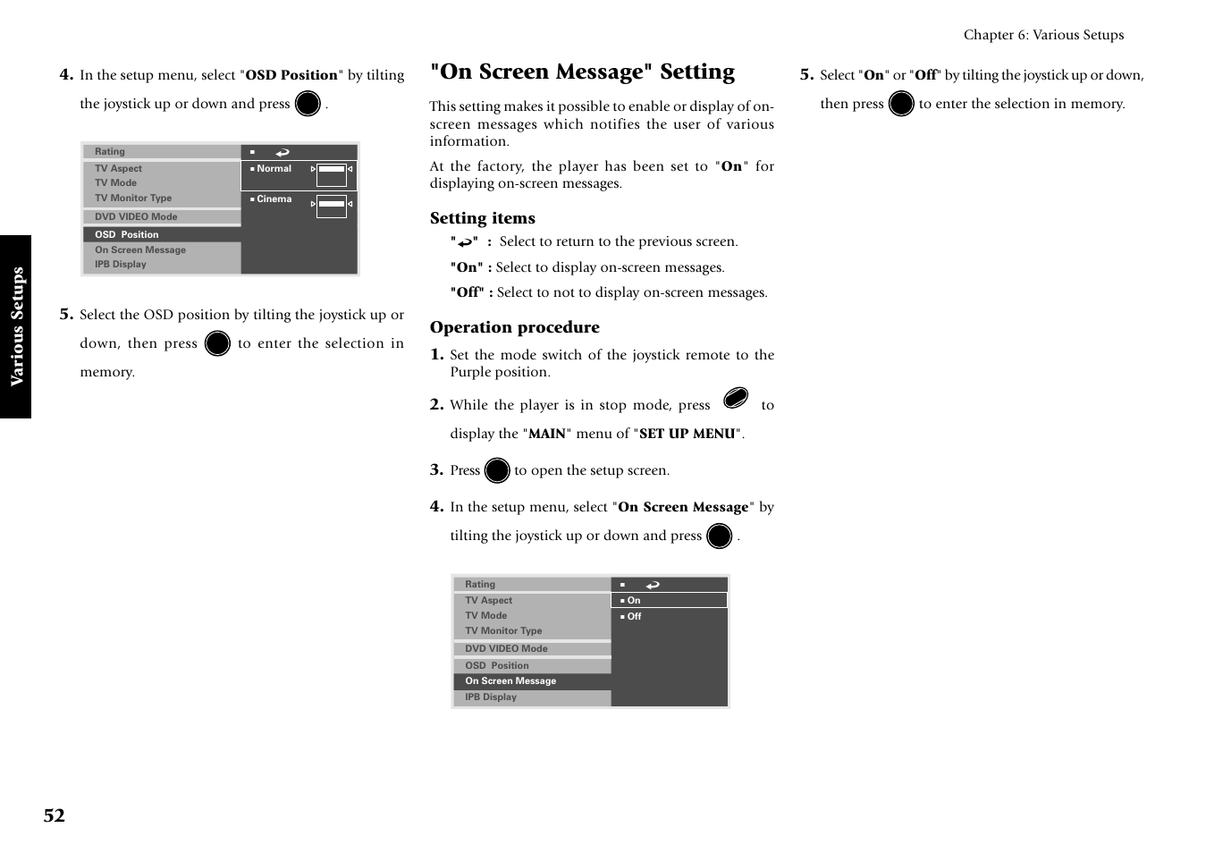 On screen message" setting, Various setups, Setting items | Operation procedure 1 | Kenwood DV-5700 User Manual | Page 52 / 76