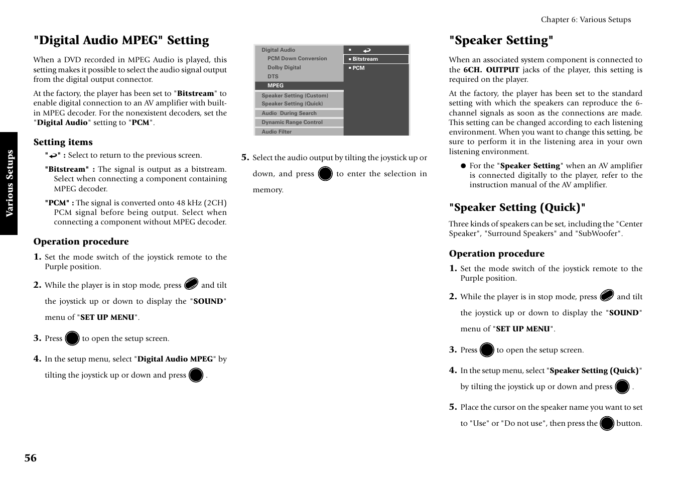 Digital audio mpeg" setting, Speaker setting, Speaker setting (quick) | Kenwood DV-5700 User Manual | Page 56 / 76