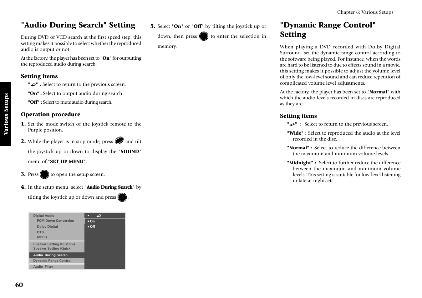 Audio during search" setting, Dynamic range control" setting | Kenwood DV-5700 User Manual | Page 60 / 76
