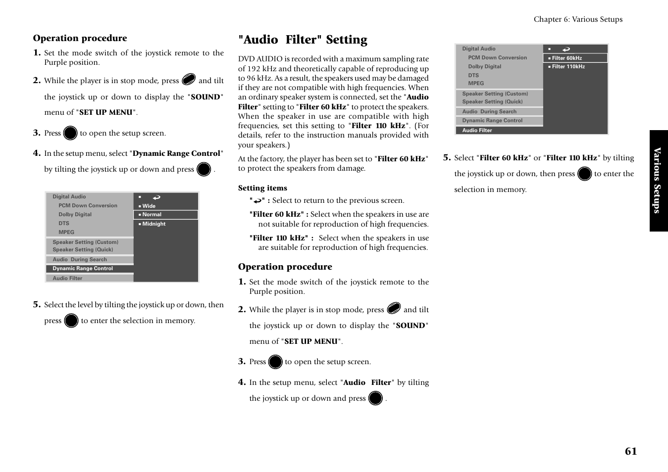 Audio filter" setting, Various setups, Operation procedure 1 | Kenwood DV-5700 User Manual | Page 61 / 76