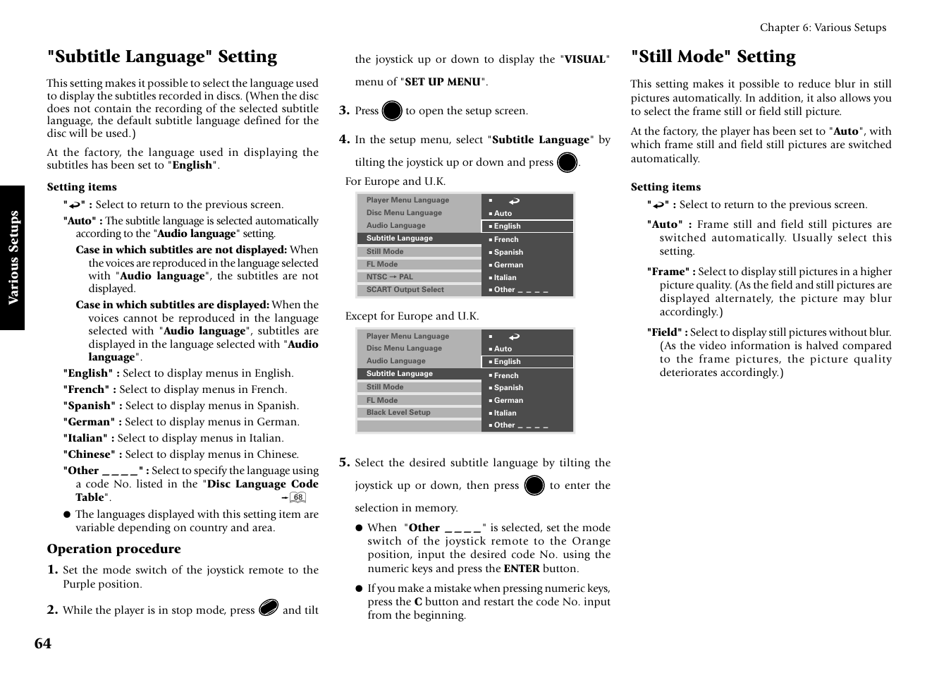 Subtitle language" setting, Still mode" setting, Various setups | Operation procedure 1 | Kenwood DV-5700 User Manual | Page 64 / 76