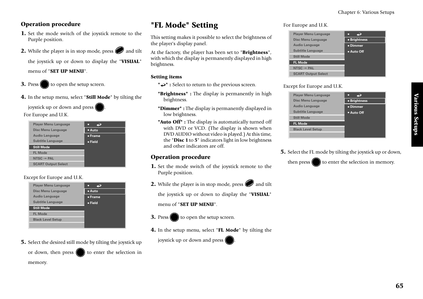 Fl mode" setting, Various setups, Operation procedure 1 | Kenwood DV-5700 User Manual | Page 65 / 76