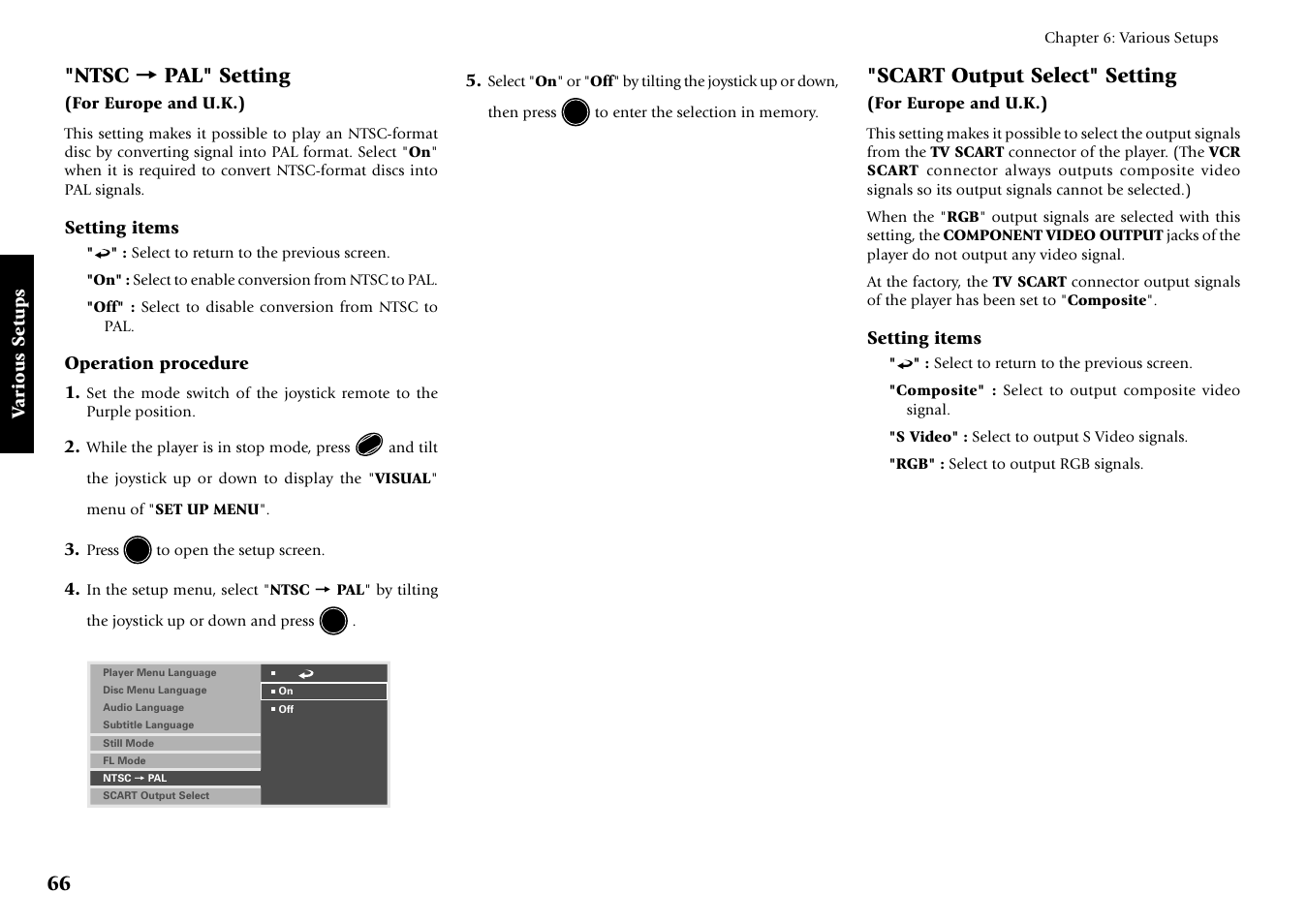 Ntsc = pal" setting, Scart output select" setting | Kenwood DV-5700 User Manual | Page 66 / 76
