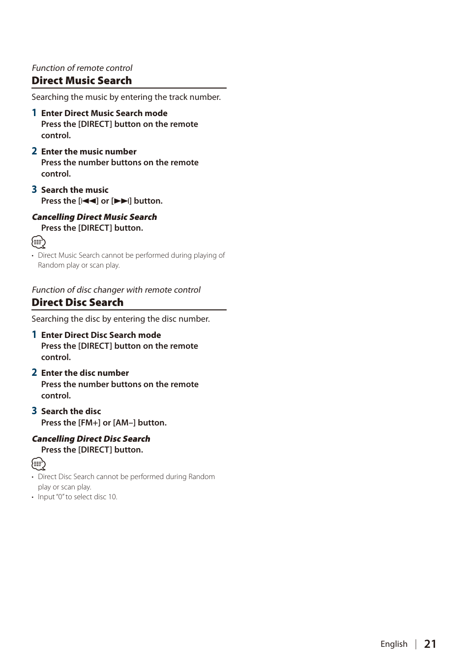 Direct music search, Direct disc search, Direct music search direct disc search | Kenwood DIGITAL MEDIA RECEIVER KIV-700 User Manual | Page 21 / 76