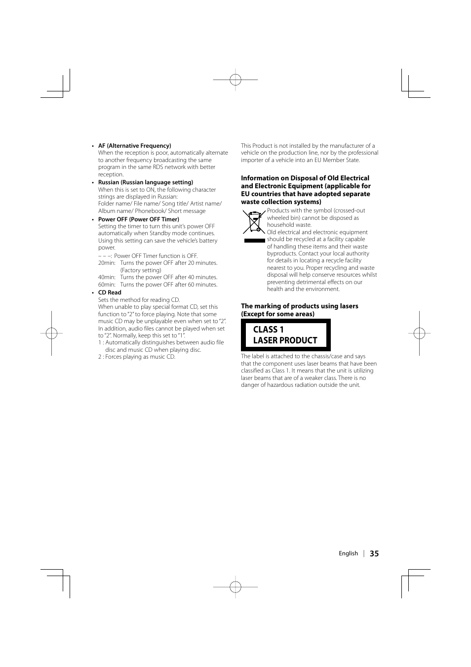 Class 1 laser product | Kenwood KDC-BT8041U User Manual | Page 35 / 48