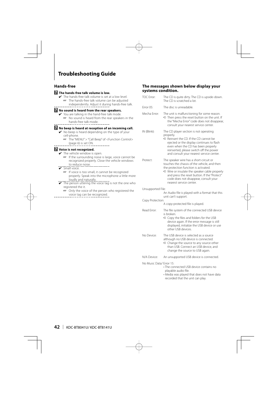 Troubleshooting guide | Kenwood KDC-BT8041U User Manual | Page 42 / 48