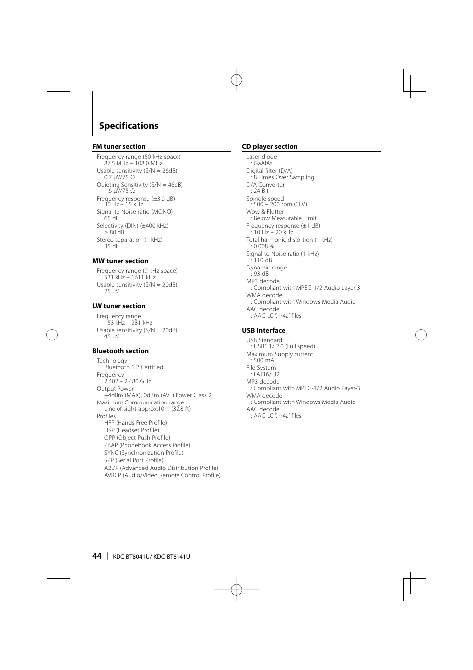 Specifications | Kenwood KDC-BT8041U User Manual | Page 44 / 48