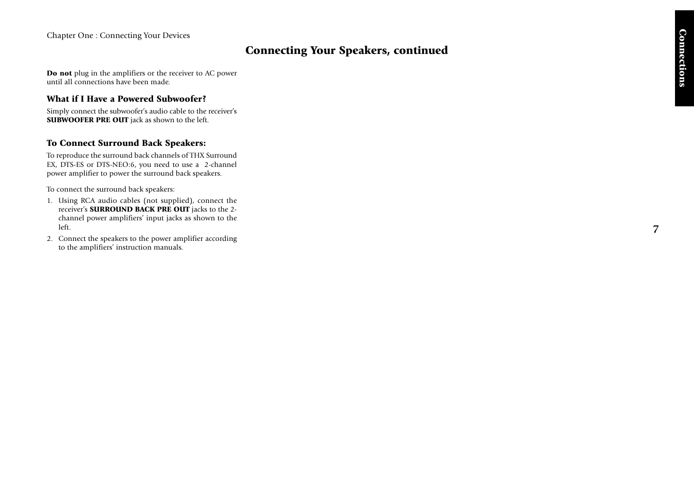 What if i have a powered subwoofer, To connect surround back speakers, Connecting your speakers, continued | Kenwood VR-5080 User Manual | Page 13 / 60