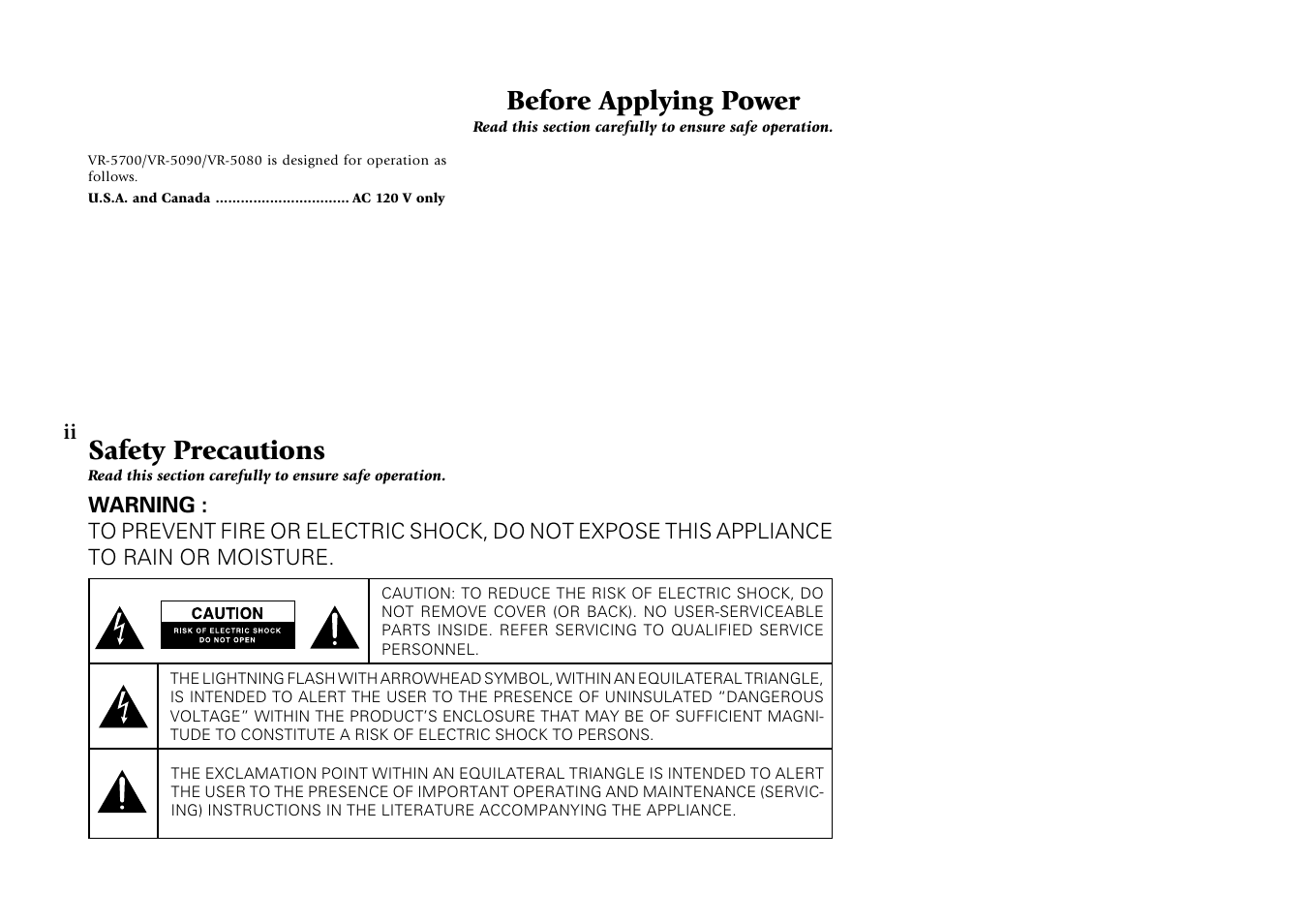 Before applying power, Safety precautions | Kenwood VR-5080 User Manual | Page 2 / 60