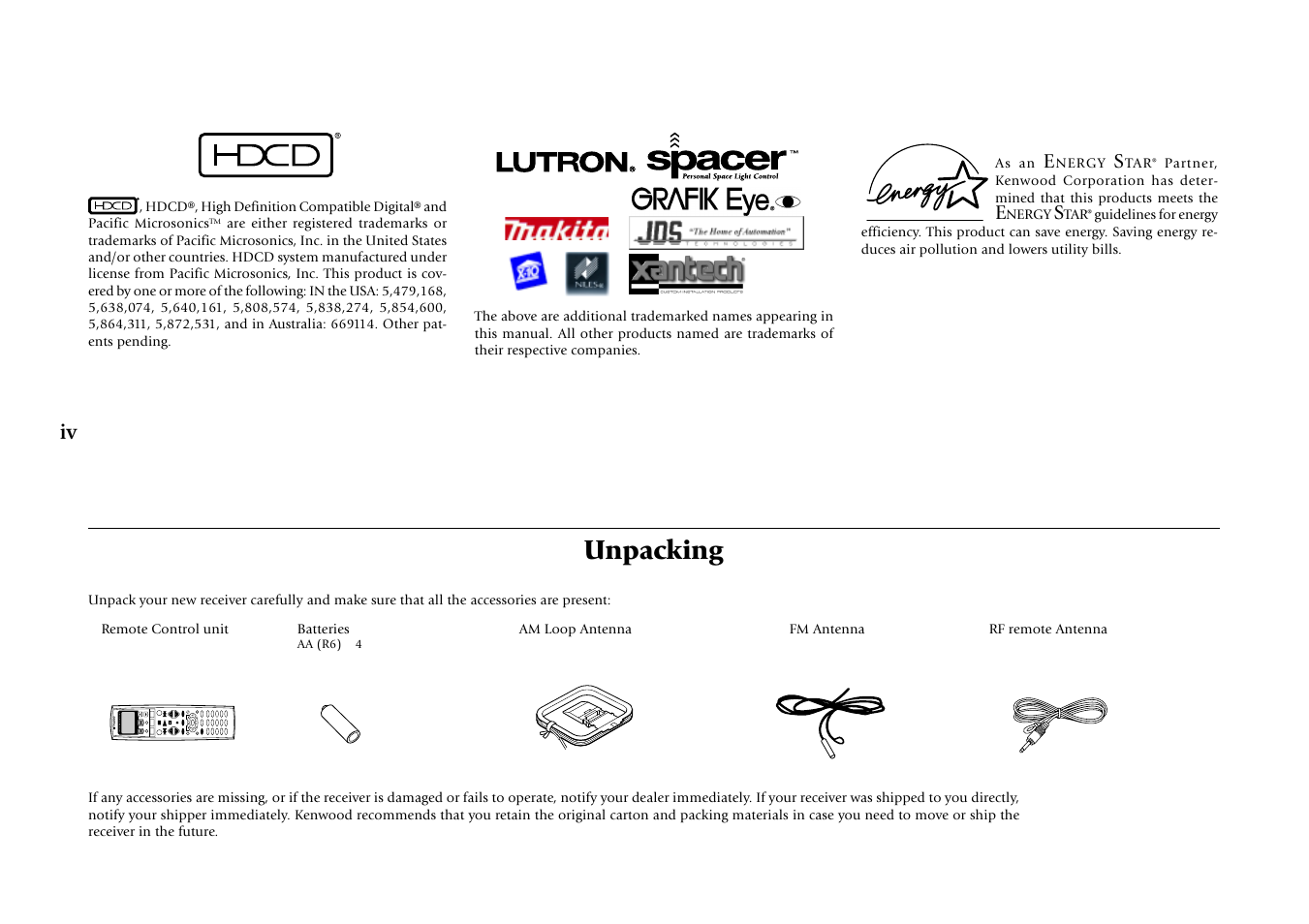Unpacking | Kenwood VR-5080 User Manual | Page 4 / 60