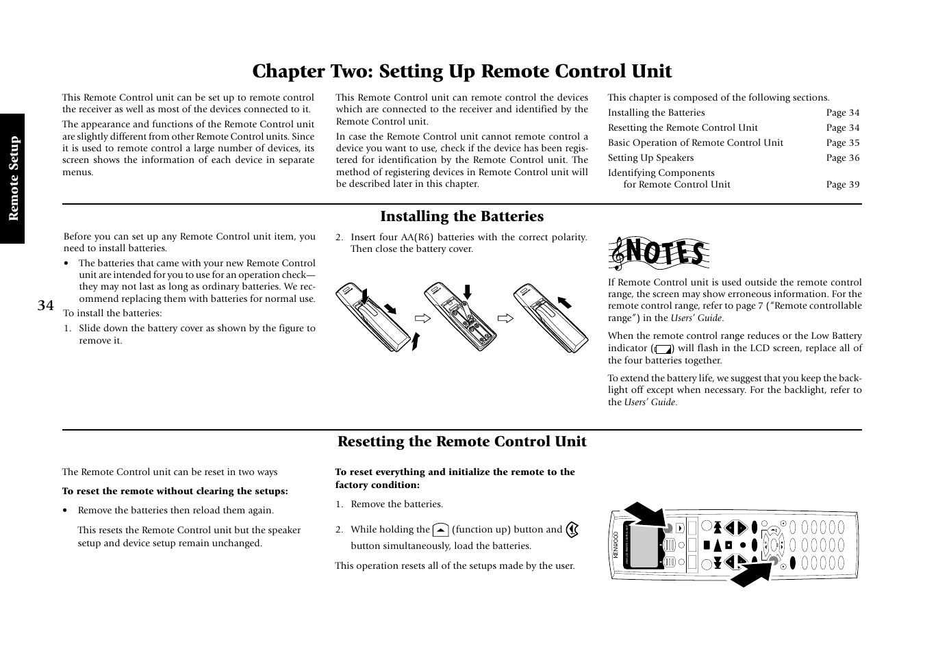 Chapter two: setting up remote control unit, Installing the batteries, Resetting the remote control unit | Re mote setup | Kenwood VR-5080 User Manual | Page 40 / 60