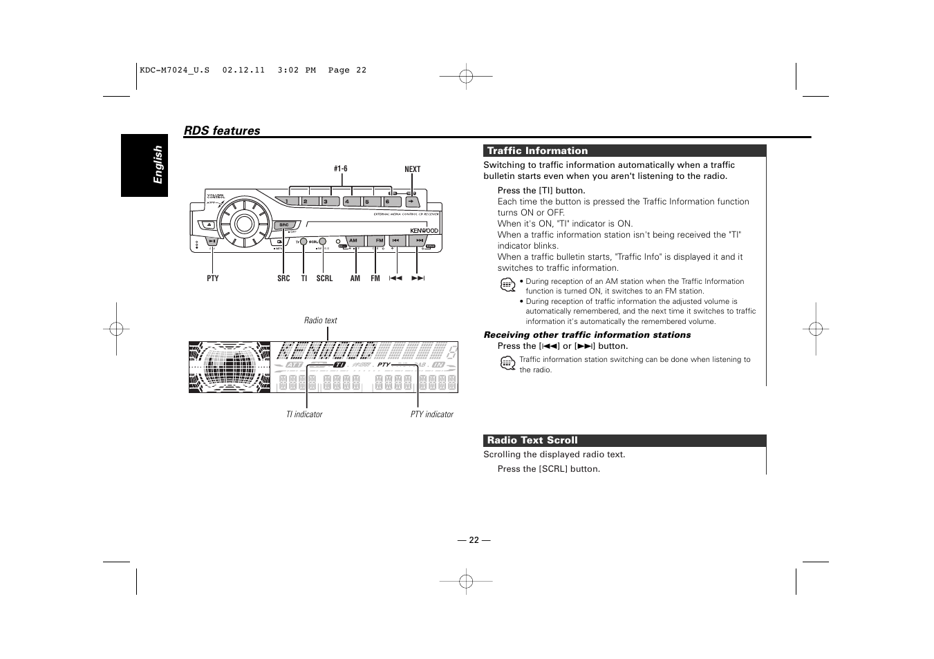 Rds features | Kenwood KDC-M7024 User Manual | Page 22 / 52