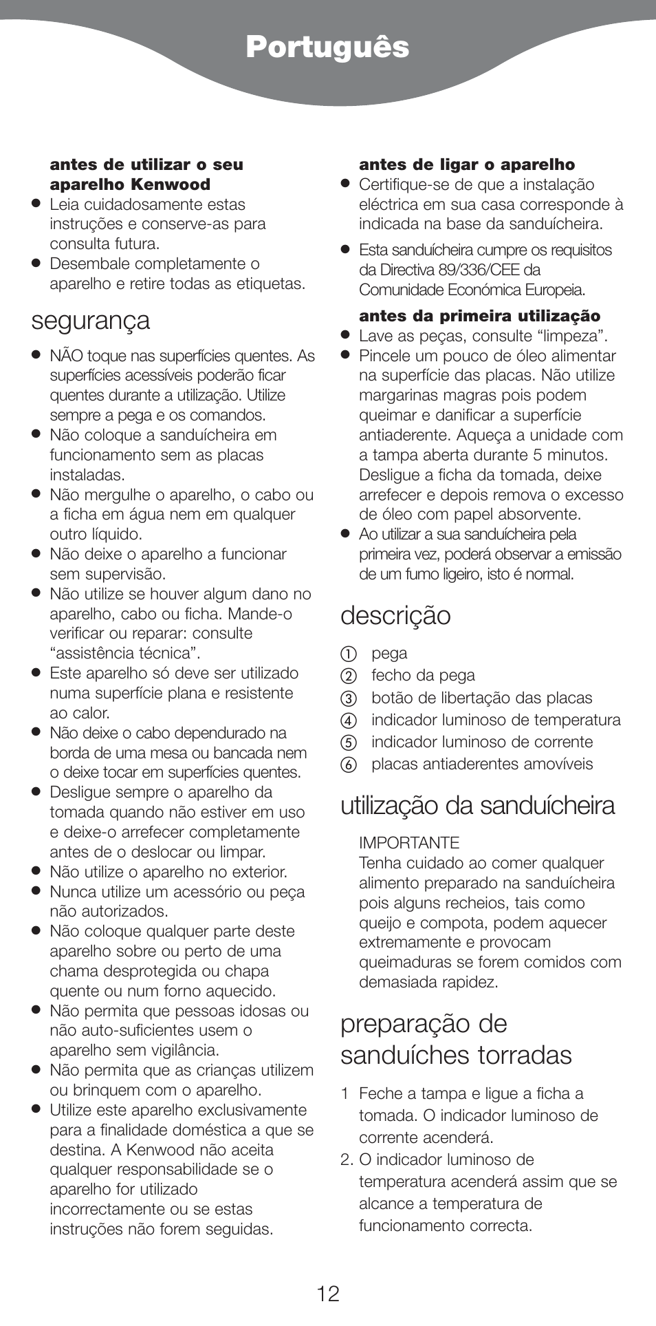 Português, Segurança, Descrição | Utilização da sanduícheira, Preparação de sanduíches torradas | Kenwood SM420 User Manual | Page 15 / 42