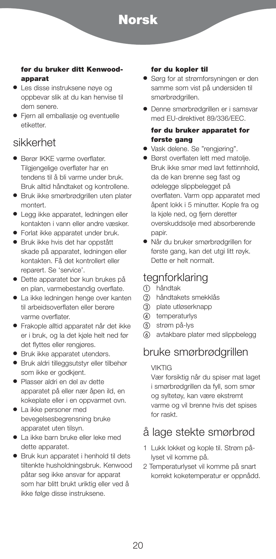 Norsk, Sikkerhet, Tegnforklaring | Bruke smørbrødgrillen, Å lage stekte smørbrød | Kenwood SM420 User Manual | Page 23 / 42