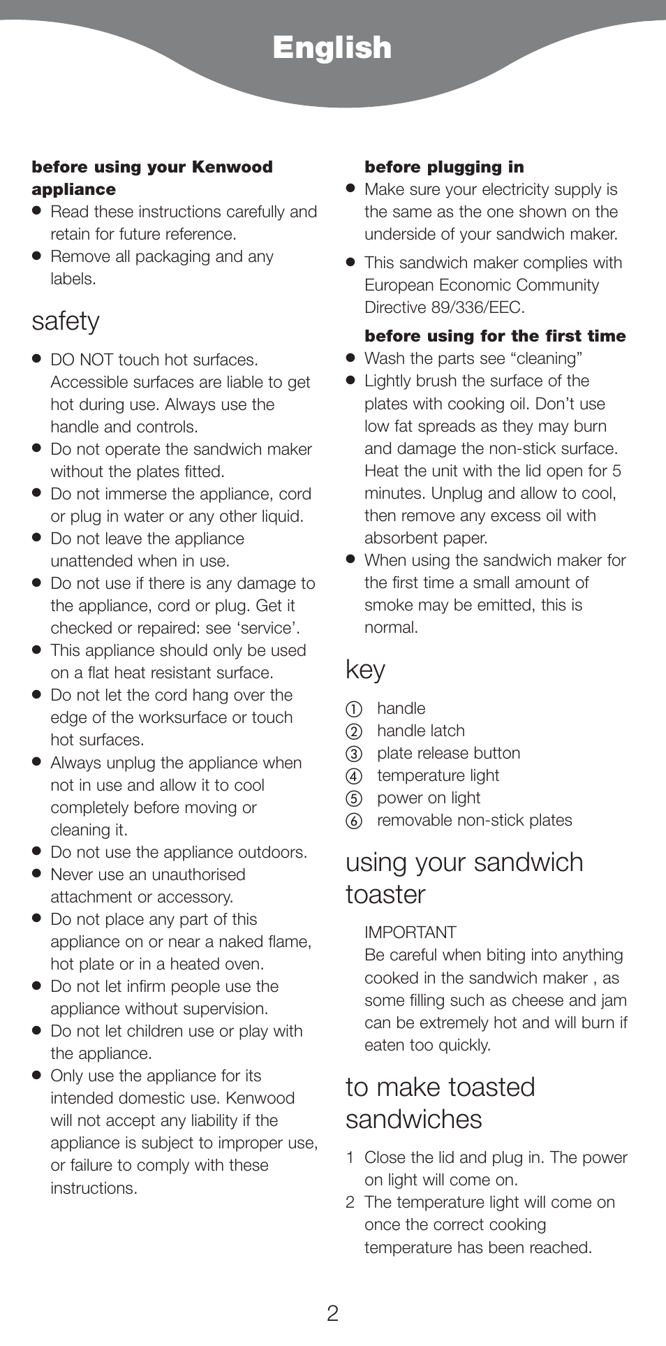 English, Safety, Using your sandwich toaster | Kenwood SM420 User Manual | Page 5 / 42