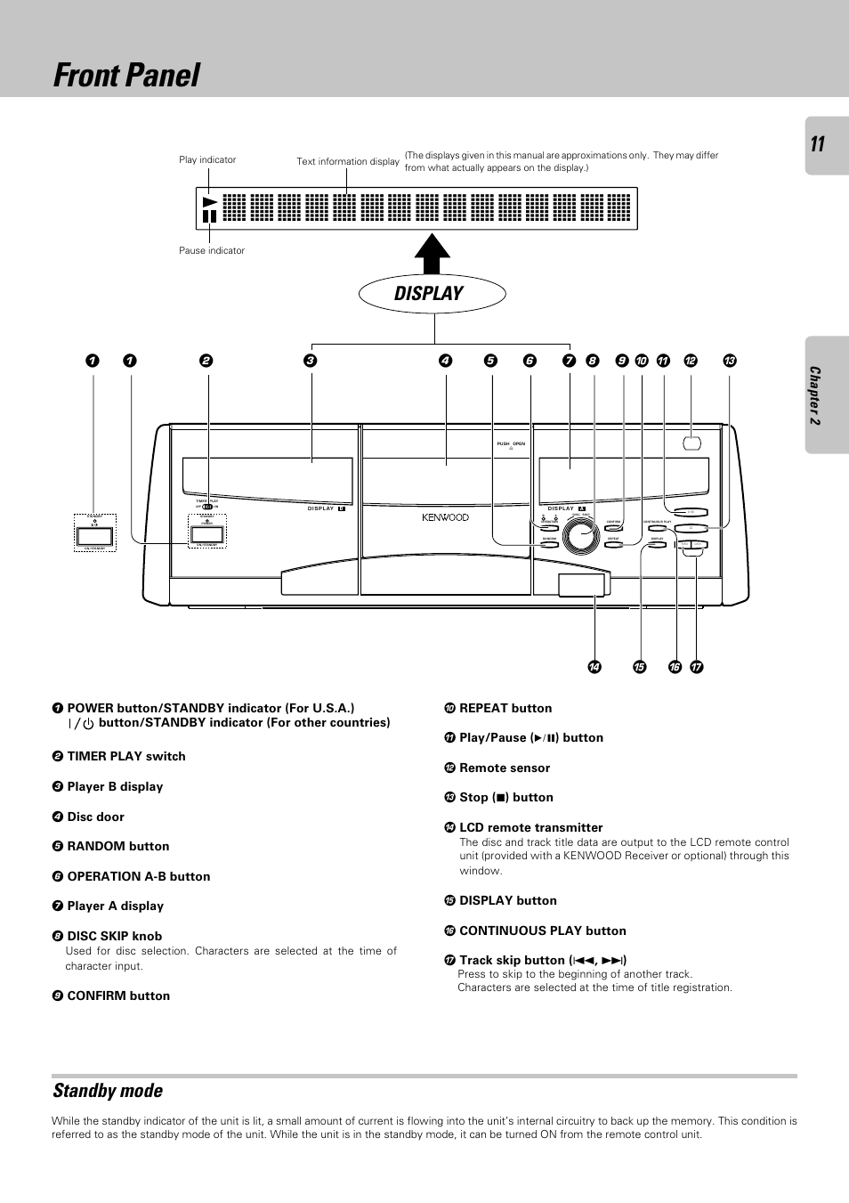 Front panel, Standby mode, Display | Kenwood DPF-J9030 User Manual | Page 11 / 44