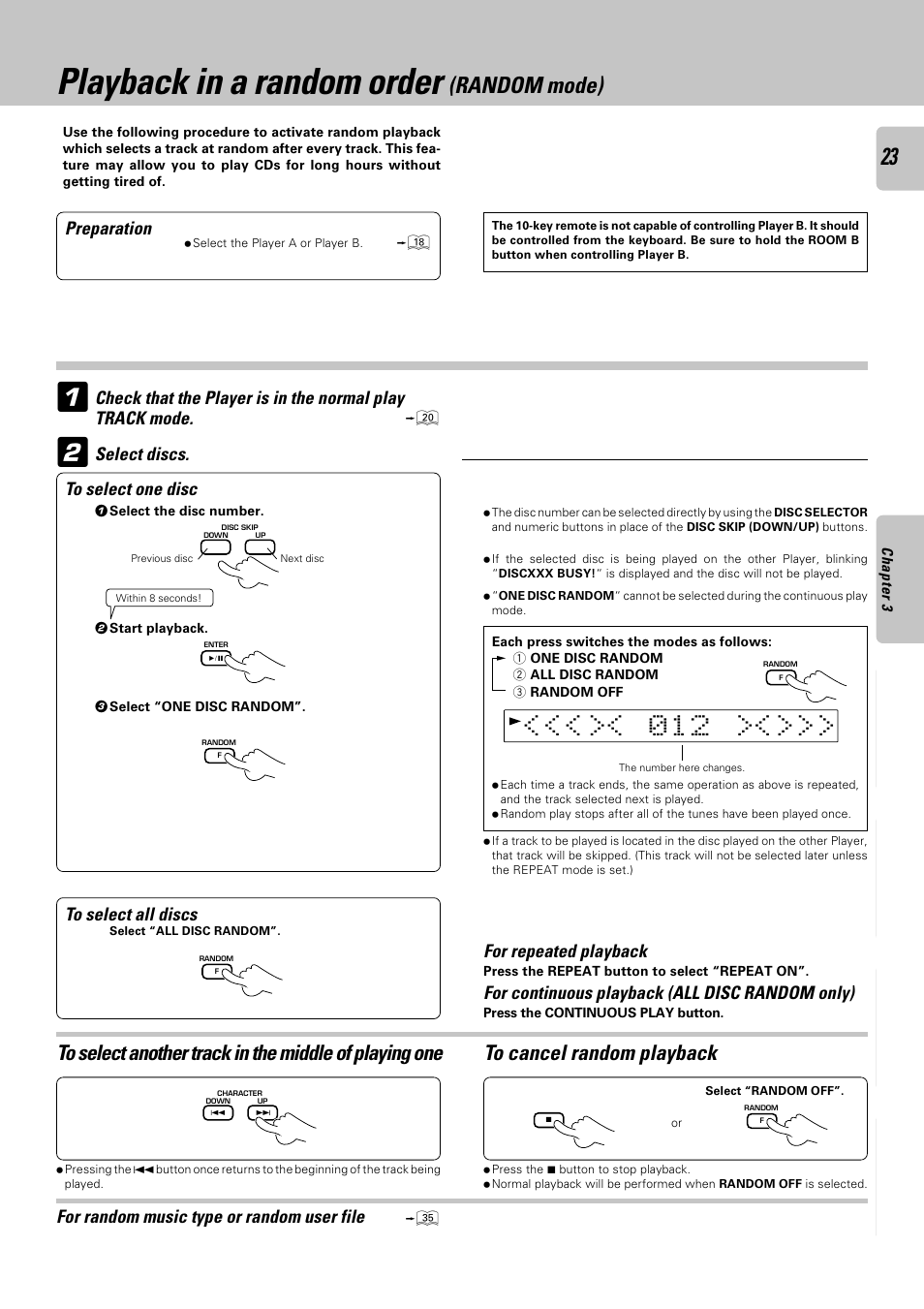 Playback in a random order (random mode), Playback in a random order, E < 1 0 > 2 | Random mode), Preparation, Select discs. to select one disc, For random music type or random user file, For repeated playback, For continuous playback (all disc random only) | Kenwood DPF-J9030 User Manual | Page 23 / 44