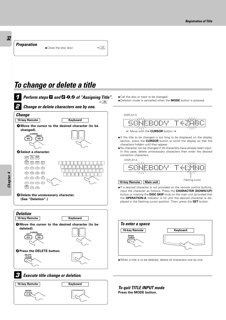 To change or delete a title, Ca z b, Preparation | Perform steps, Of “assigning title, Change or delete characters one by one. change, Deletion, Registration of title | Kenwood DPF-J9030 User Manual | Page 32 / 44