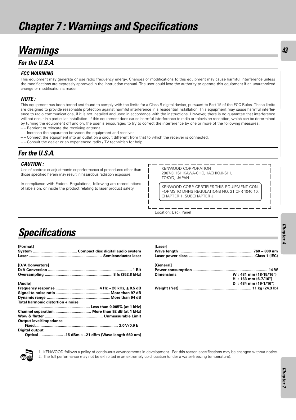 Chapter 7 : warnings and specifications, Warnings, Specifications | Warnings specifications, For the u.s.a | Kenwood DPF-J9030 User Manual | Page 43 / 44