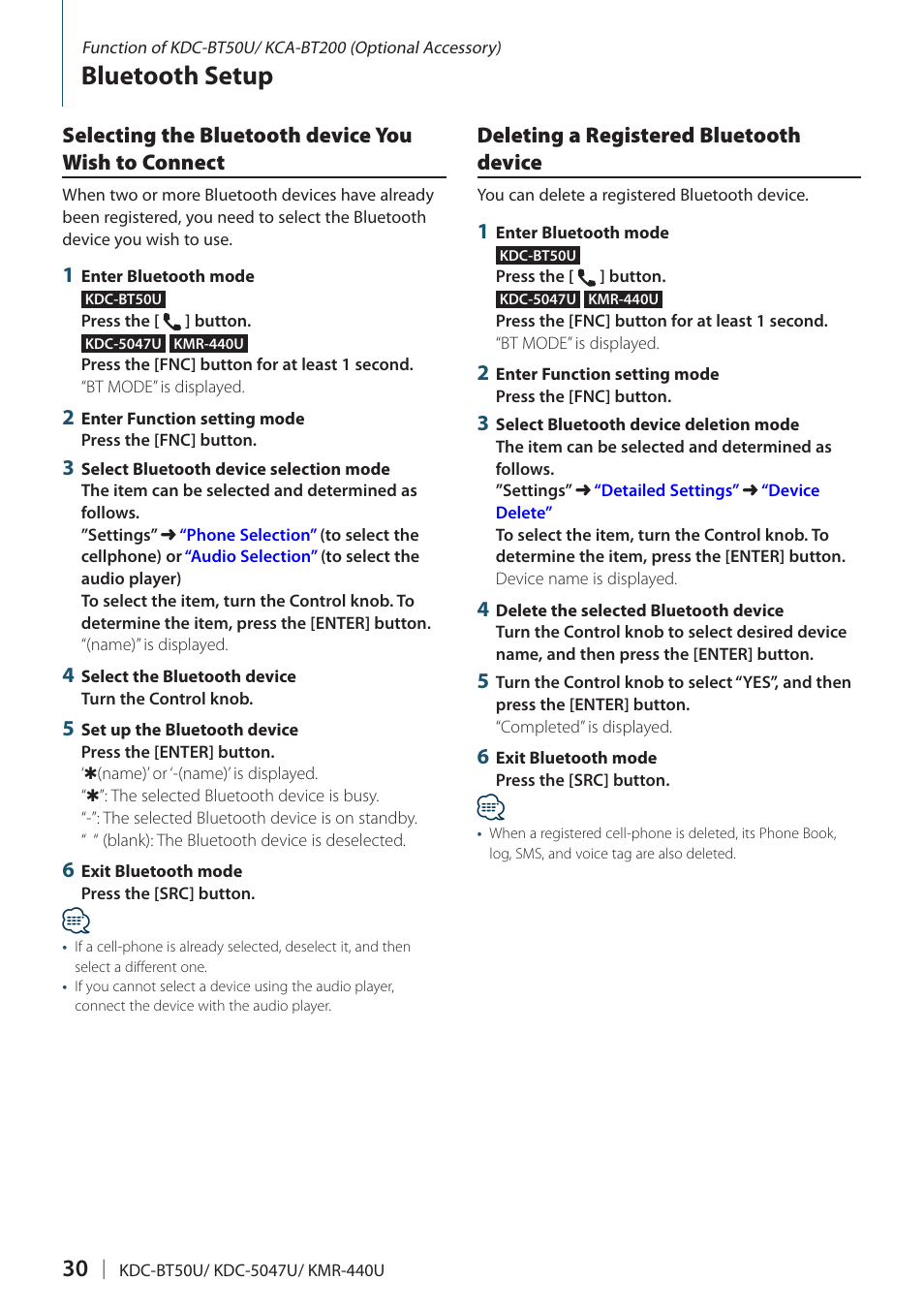 Deleting a registered bluetooth device, Bluetooth setup | Kenwood KDC-5047U User Manual | Page 30 / 41