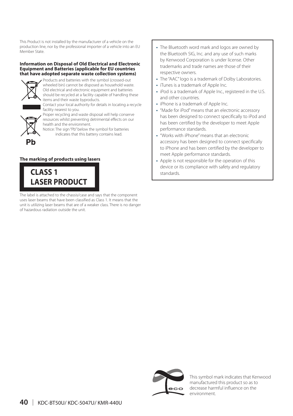Class 1 laser product | Kenwood KDC-5047U User Manual | Page 40 / 41
