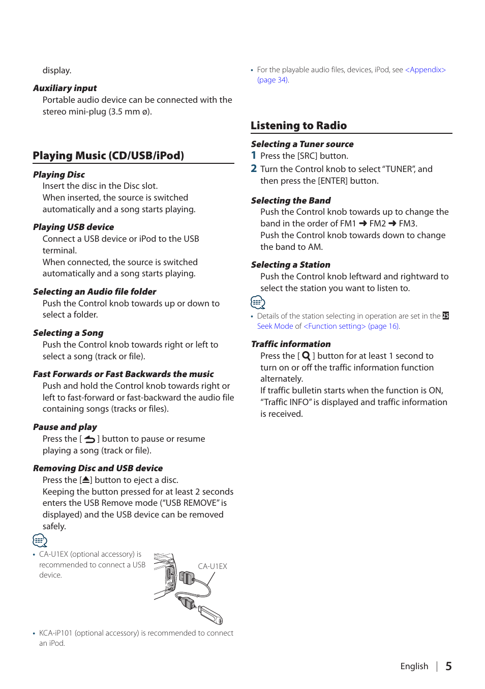 Playing music (cd/usb/ipod), Listening to radio | Kenwood KDC-5047U User Manual | Page 5 / 41