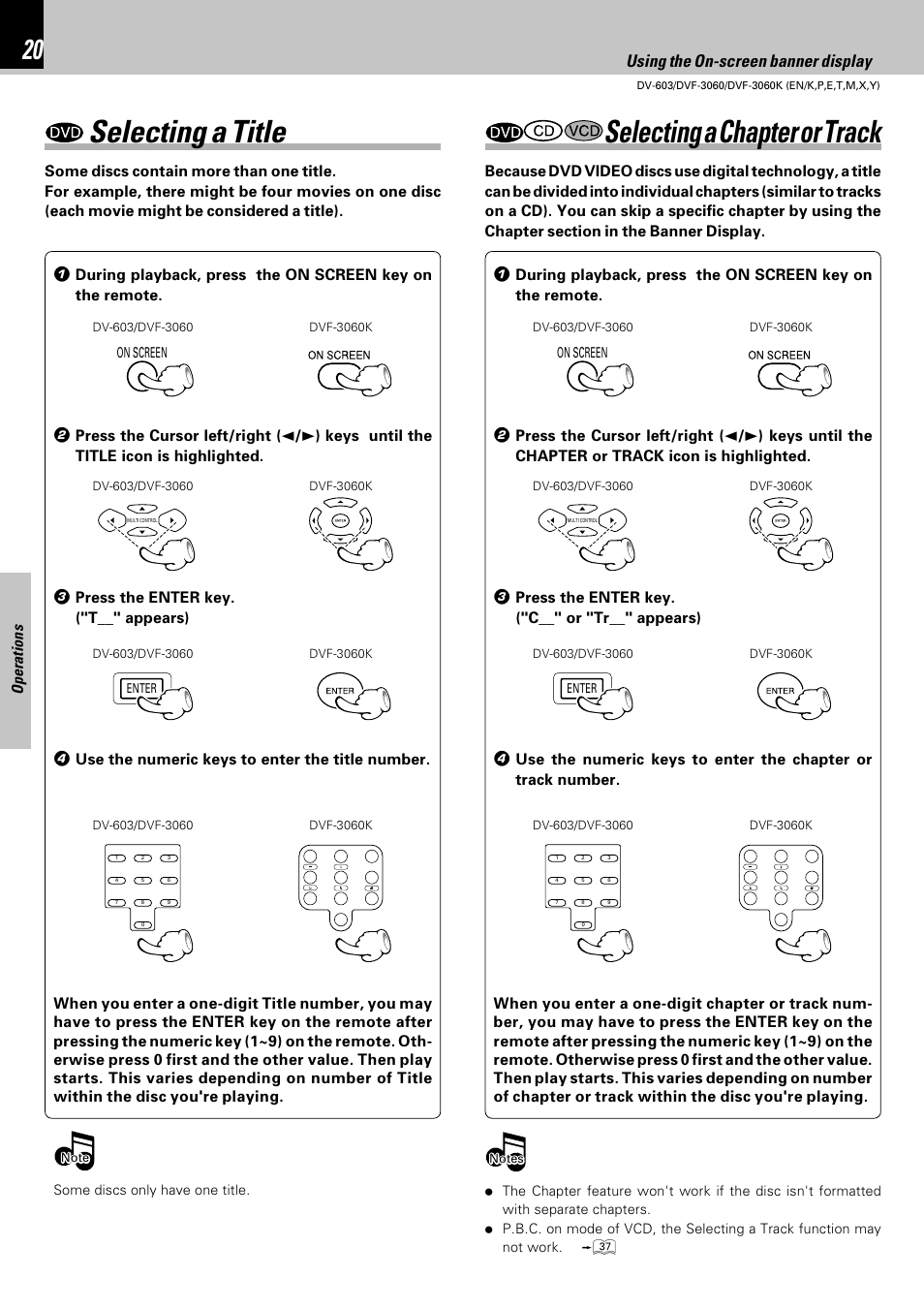 Selecting a title selecting a chapter or track, Using the on-screen banner display, Operations | Press the enter key. ("t__" appears), Press the enter key. ("c__" or "tr__" appears) | Kenwood DV-603 User Manual | Page 20 / 48