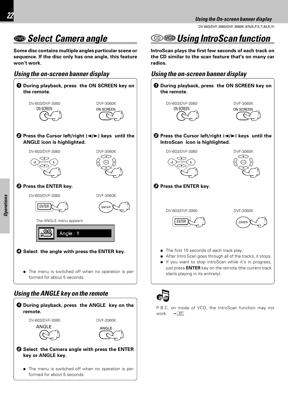 Select camera angle using introscan function, Using the on-screen banner display | Kenwood DV-603 User Manual | Page 22 / 48