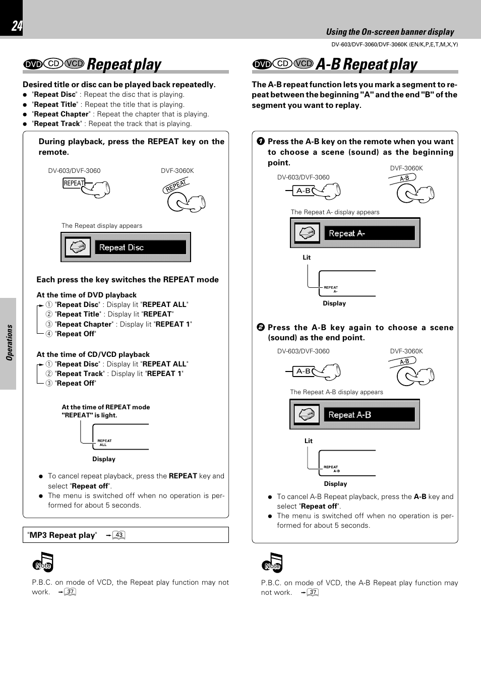 Repeat play, A-b repeat play | Kenwood DV-603 User Manual | Page 24 / 48
