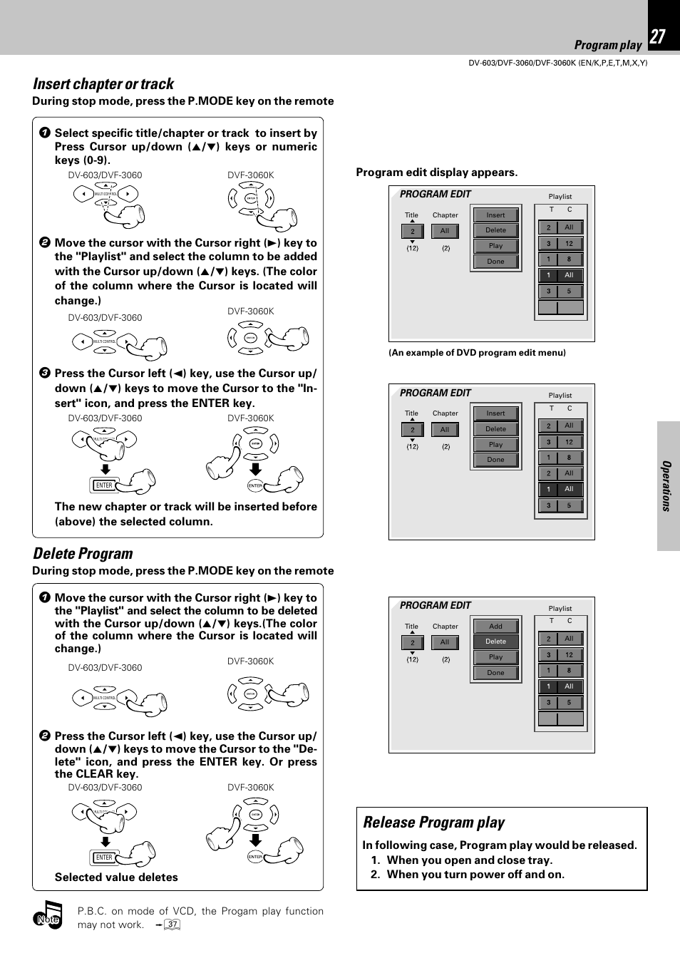 Insert chapter or track, Release program play, Delete program | Using the on-screen banner display program play | Kenwood DV-603 User Manual | Page 27 / 48