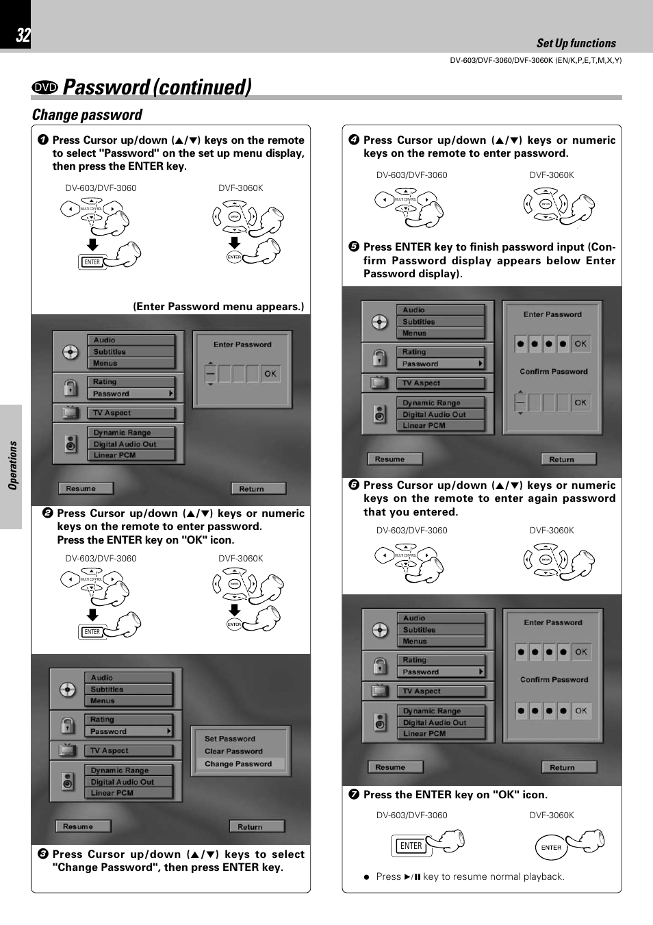 Password (continued), Change password | Kenwood DV-603 User Manual | Page 32 / 48