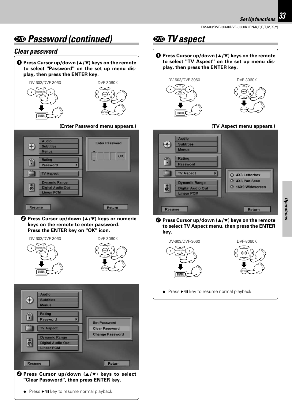 Password (continued), Tv aspect, Clear password | Kenwood DV-603 User Manual | Page 33 / 48