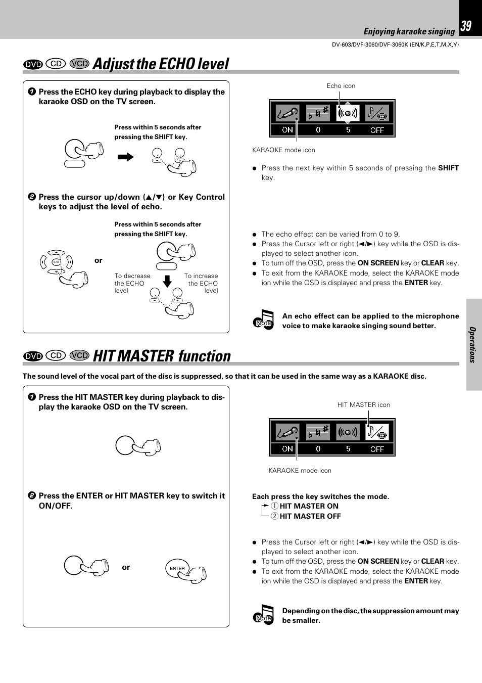 Adjust the echo level, Hit master function | Kenwood DV-603 User Manual | Page 39 / 48