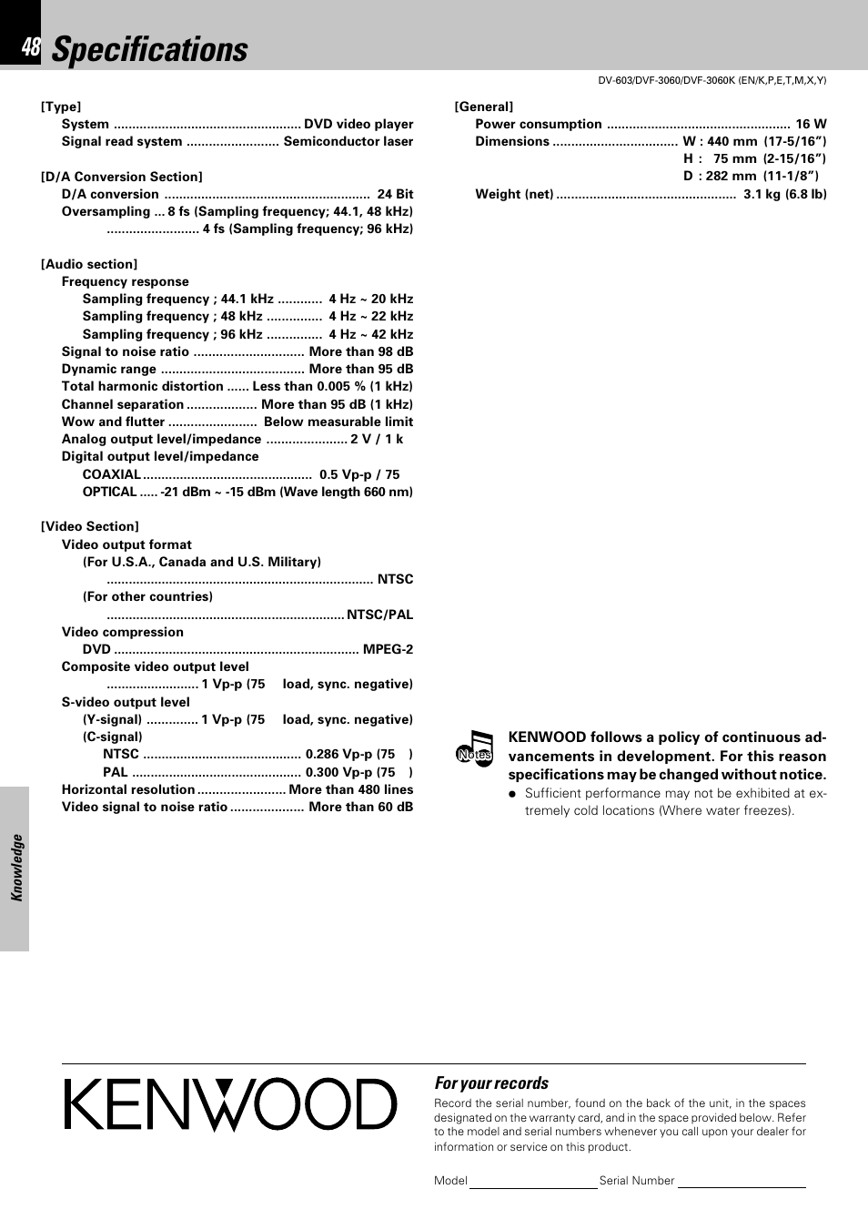 Specifications, For your records | Kenwood DV-603 User Manual | Page 48 / 48