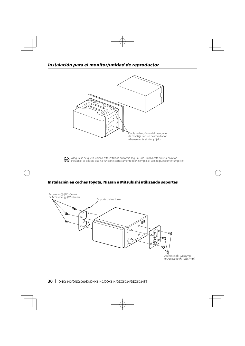 Instalación para el monitor/unidad de reproductor | Kenwood DDX5034 User Manual | Page 30 / 32