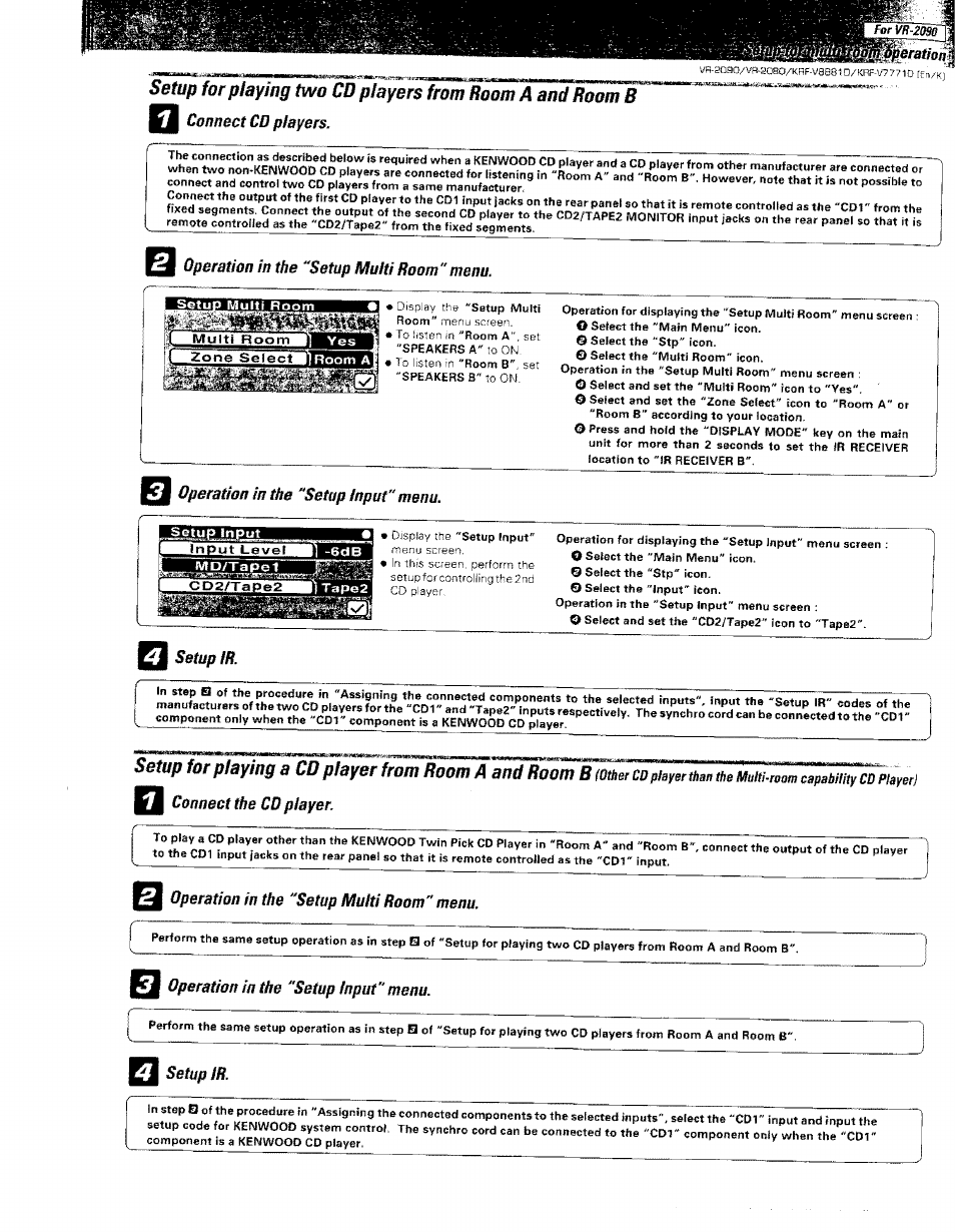 Wm connect cd players, Operation in the “setup multi room"menu, Operation in the "setup input" menu | Setup ir, Connect the cd player, Operation in the “setup multi room” menu | Kenwood KRF-V8881 D User Manual | Page 26 / 77