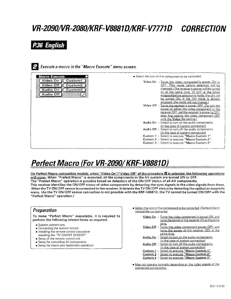 Vr-z090/vr-2080/krf-v8881d/krf-v7771d correction, Execute a macro in the "macro execute" menu screen, Perfect macro (for vr-2090/krf- v8881d) | Preparation, P. 36 english | Kenwood KRF-V8881 D User Manual | Page 37 / 77