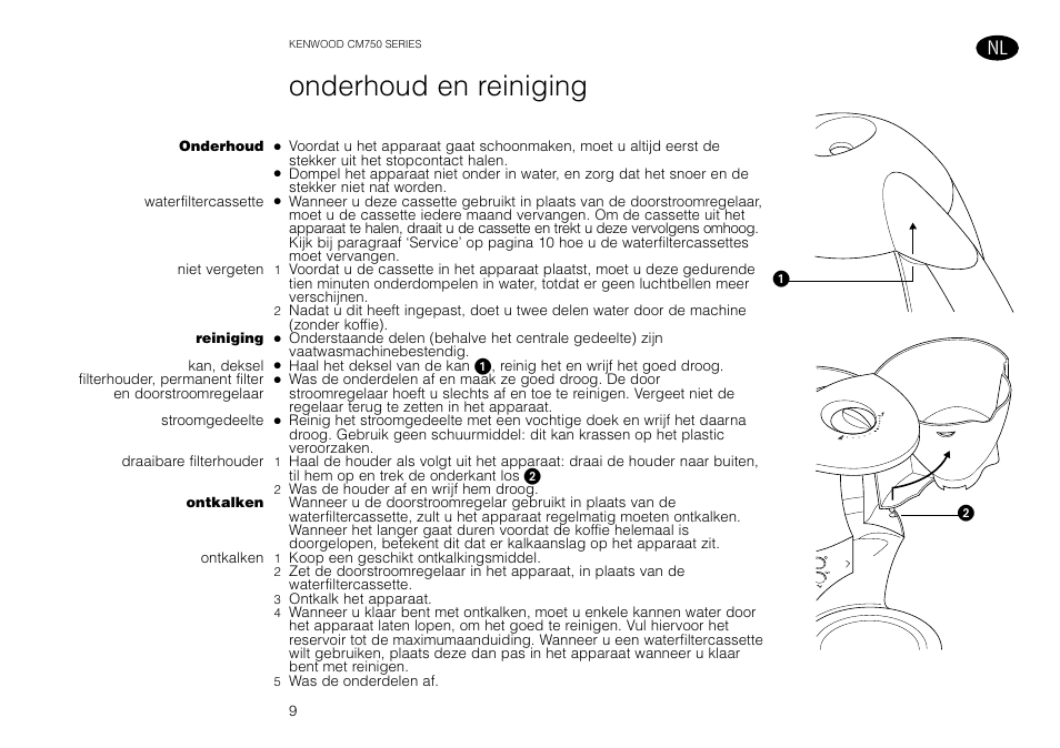 Onderhoud en reiniging | Kenwood AQUAMATIK CM750 User Manual | Page 11 / 28