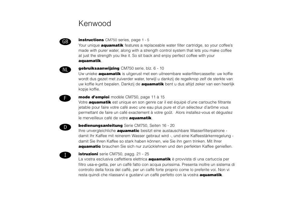 Kenwood, Gb nl f d i | Kenwood AQUAMATIK CM750 User Manual | Page 2 / 28