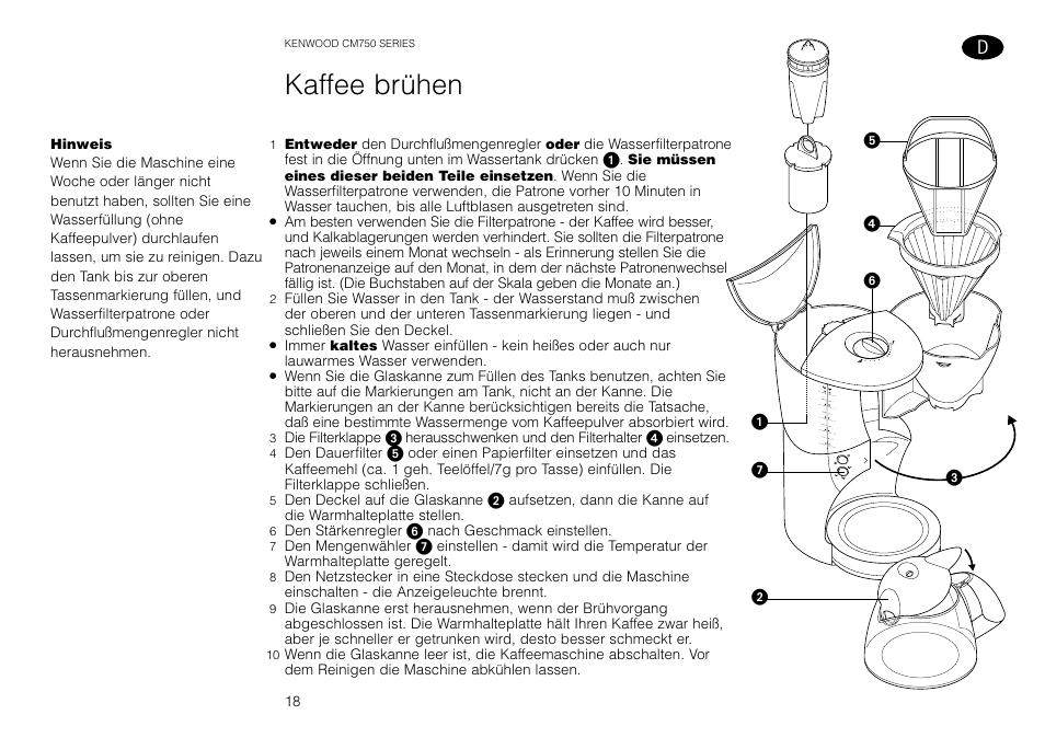 Kaffee brühen | Kenwood AQUAMATIK CM750 User Manual | Page 20 / 28