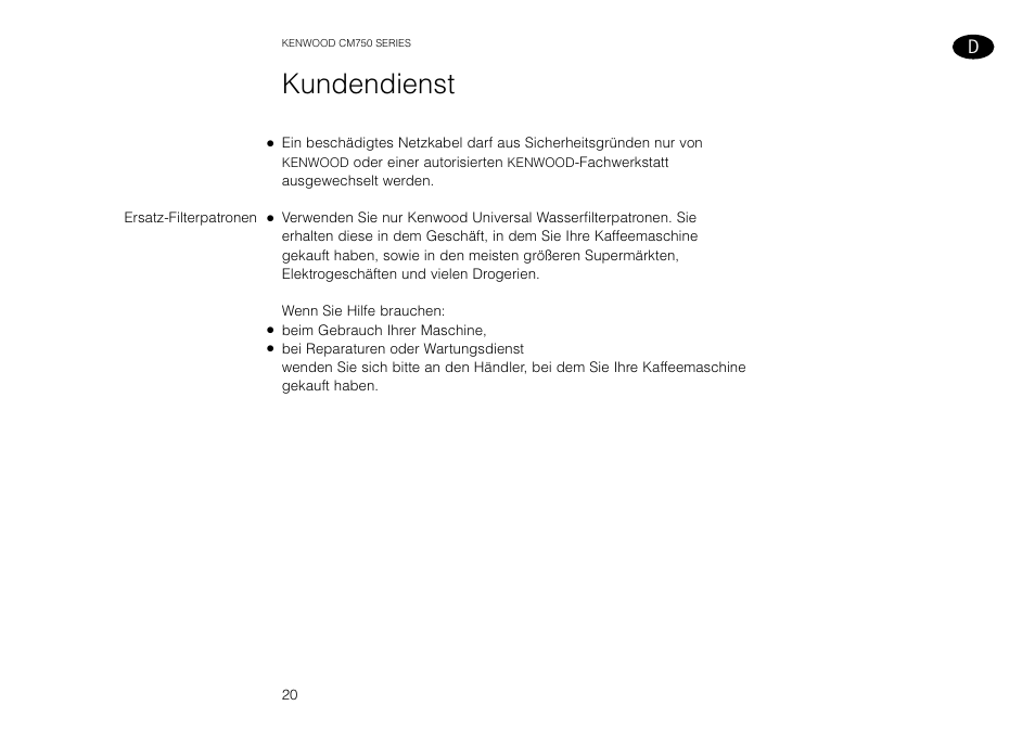 Kundendienst | Kenwood AQUAMATIK CM750 User Manual | Page 22 / 28