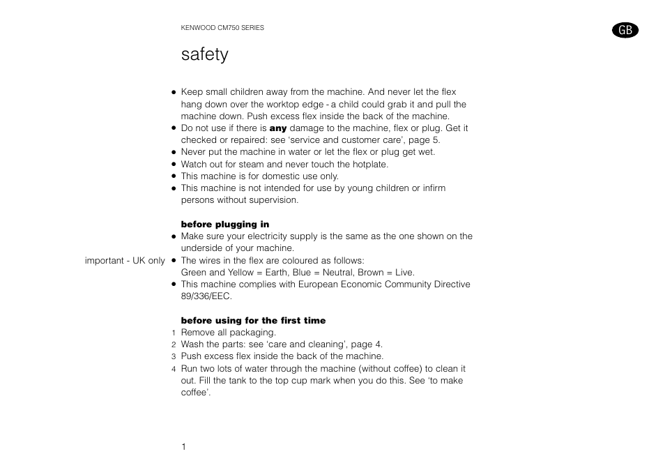 Safety | Kenwood AQUAMATIK CM750 User Manual | Page 3 / 28