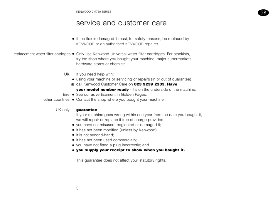 Service and customer care | Kenwood AQUAMATIK CM750 User Manual | Page 7 / 28