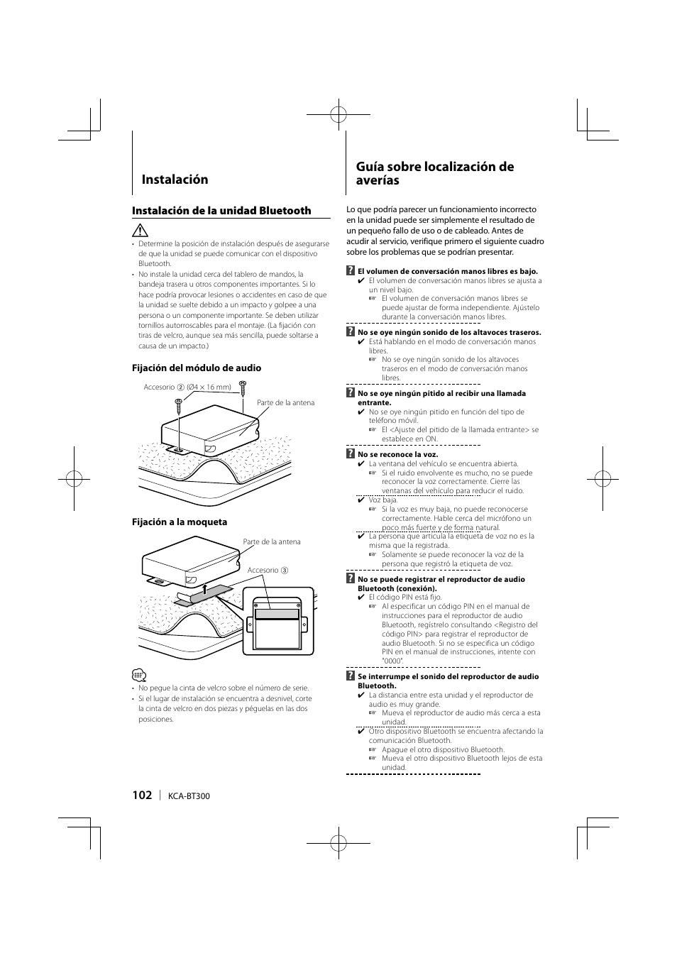 Guía sobre localización de averías, Instalación | Kenwood KCA-BT300 User Manual | Page 102 / 104