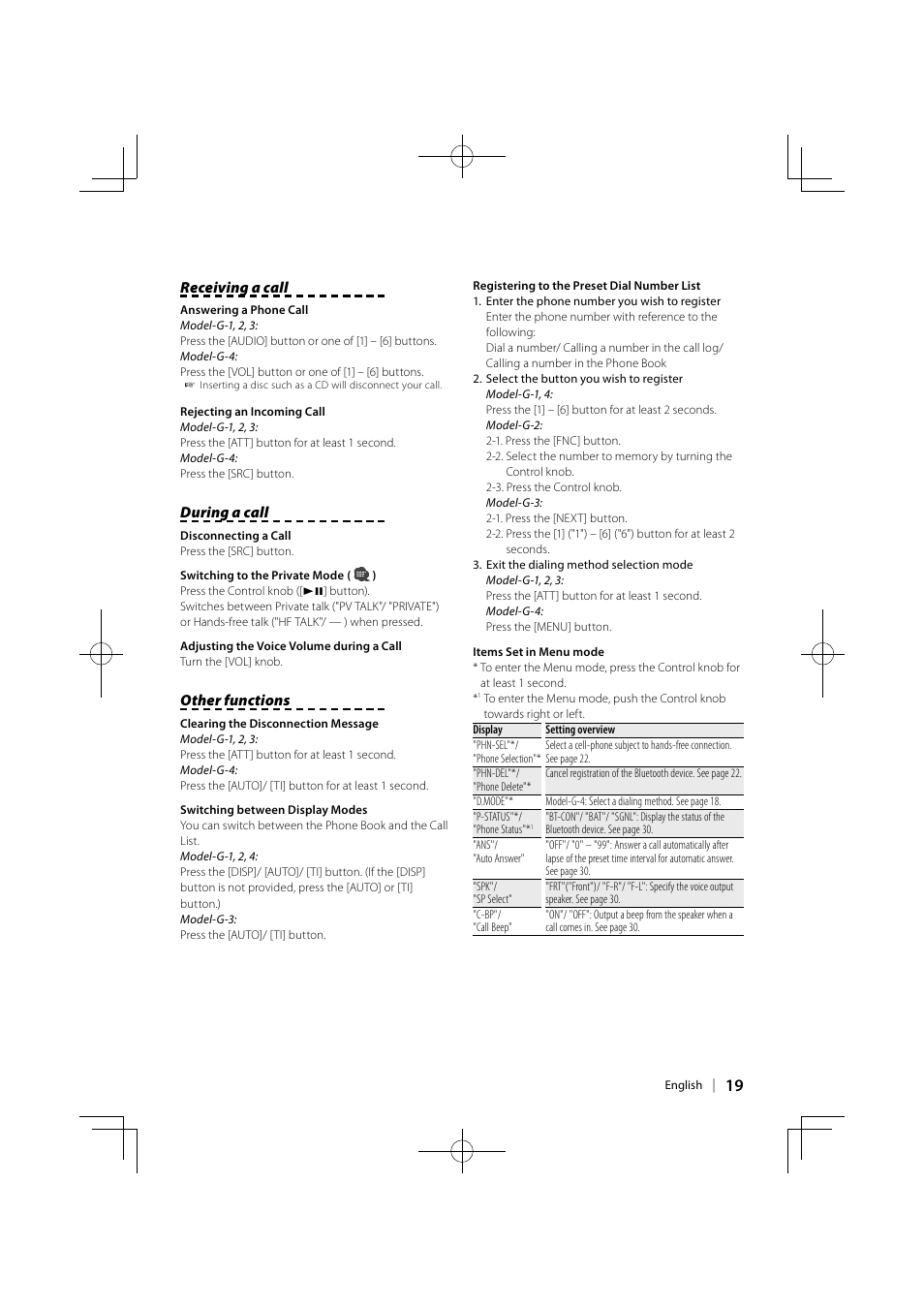 Receiving a call, During a call, Other functions | Kenwood KCA-BT300 User Manual | Page 19 / 104