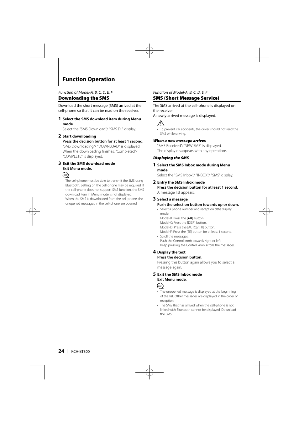 Function operation | Kenwood KCA-BT300 User Manual | Page 24 / 104