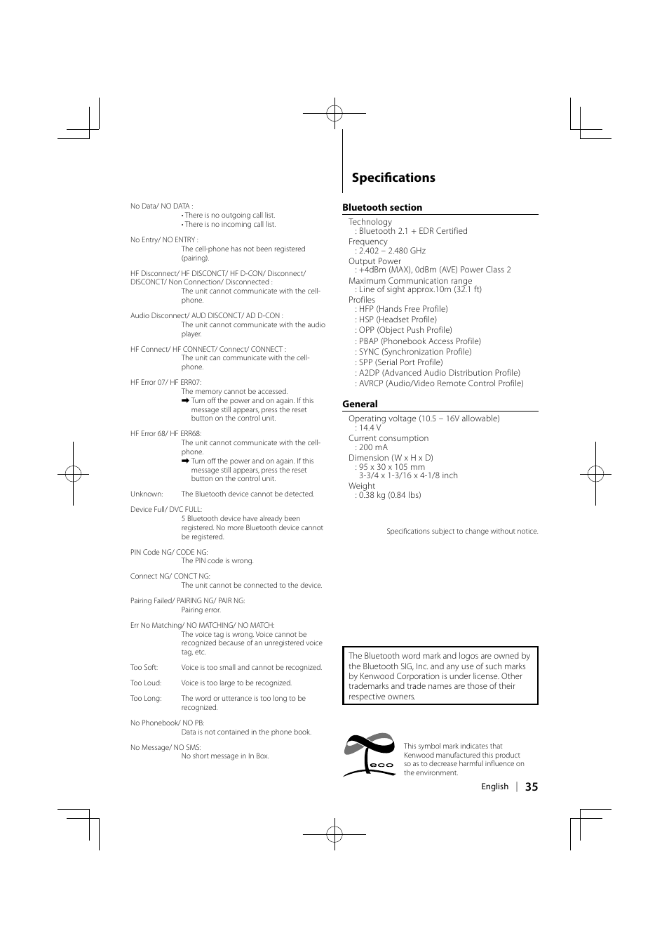 Specifi cations | Kenwood KCA-BT300 User Manual | Page 35 / 104